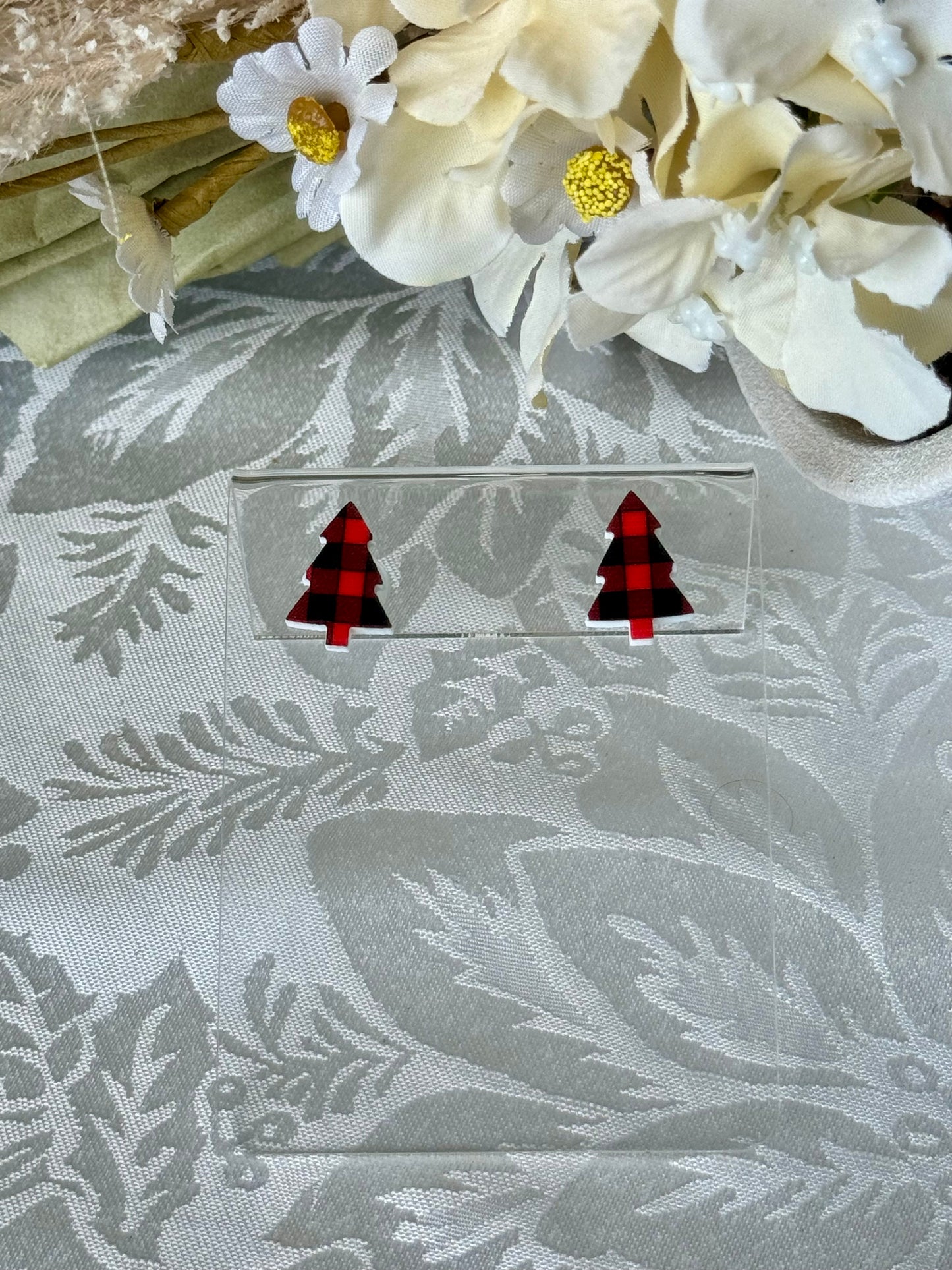 Gingham Xmas tree polymer clay studs