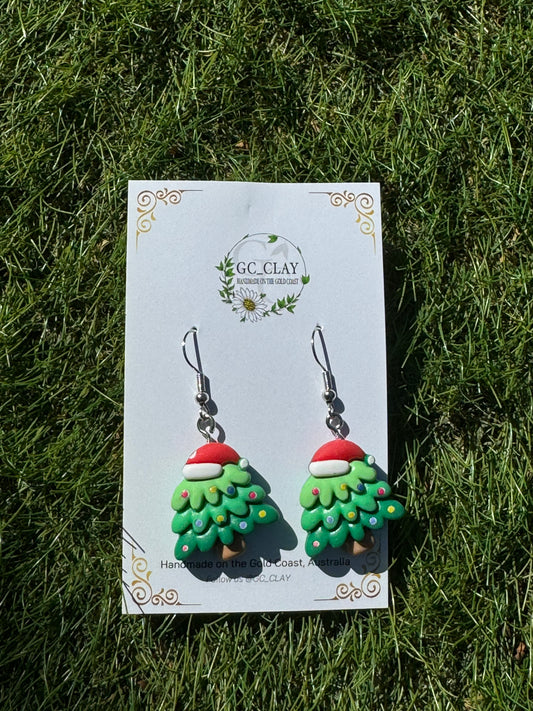 Xmas Tree with Hat Clay Earrings